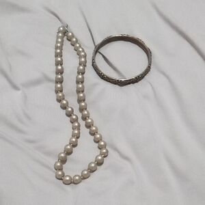 Classic Pearl Necklace and Intricate Silver Bangle
